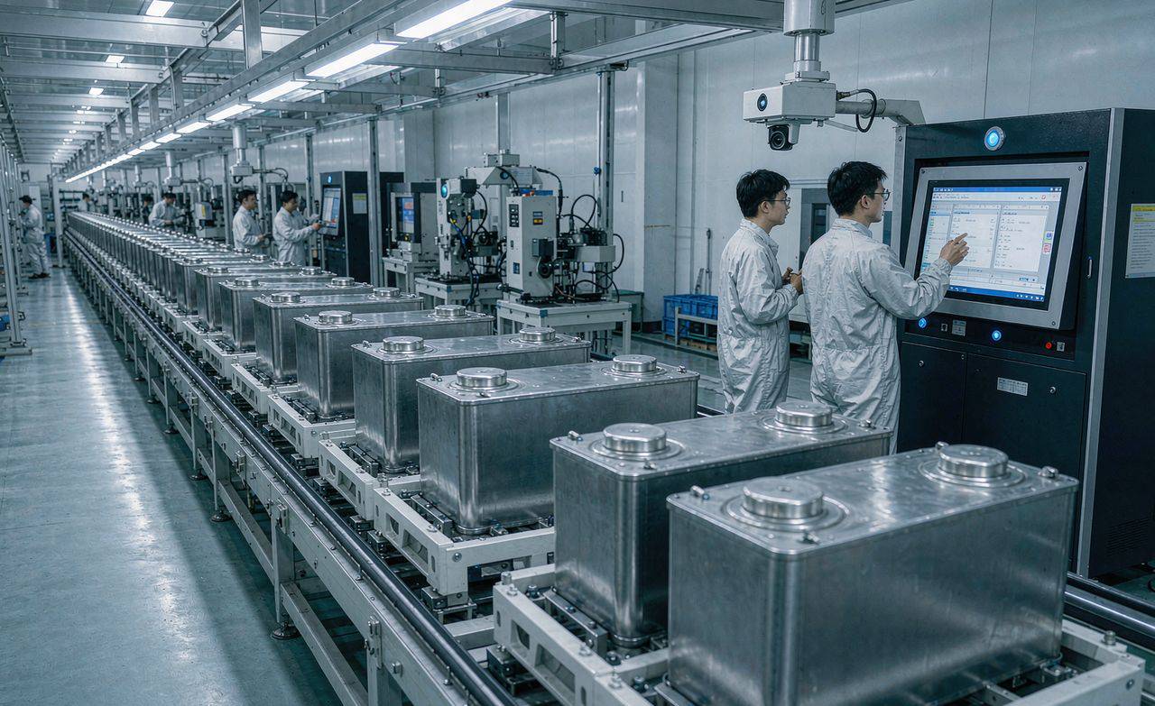 储能电芯自动化产线上的工程师正在核对生产数据